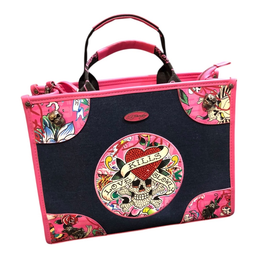 Ed Hardy blue denim pink structured suitcase style tote bag brand new with strap